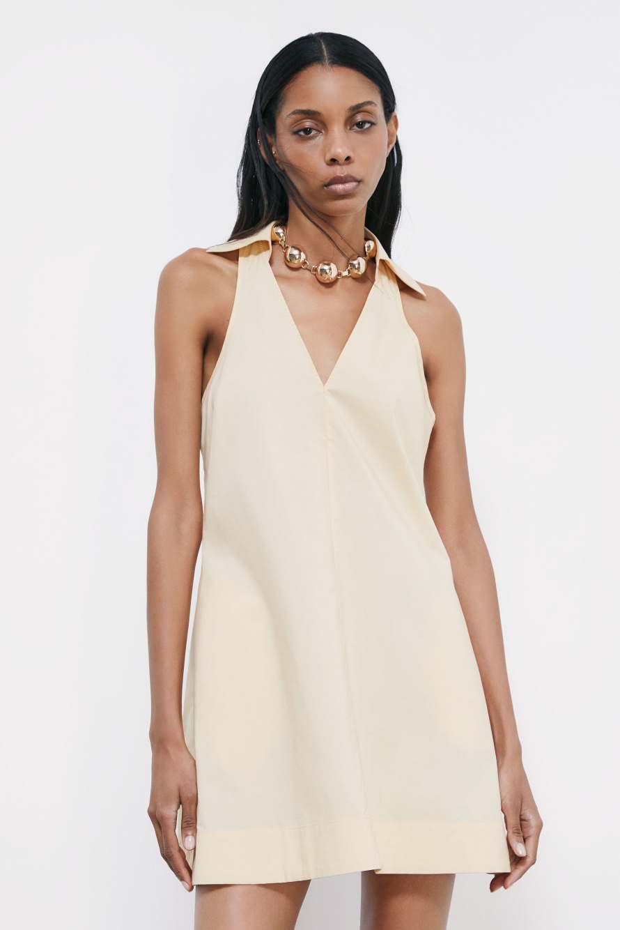 Vestido mini de popelina de algod&oacute;n, Beige