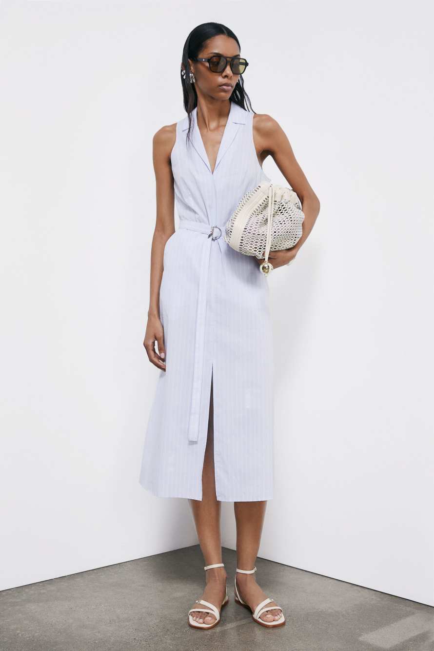 Vestido midi de popelina con cintur&oacute;n, Rayas