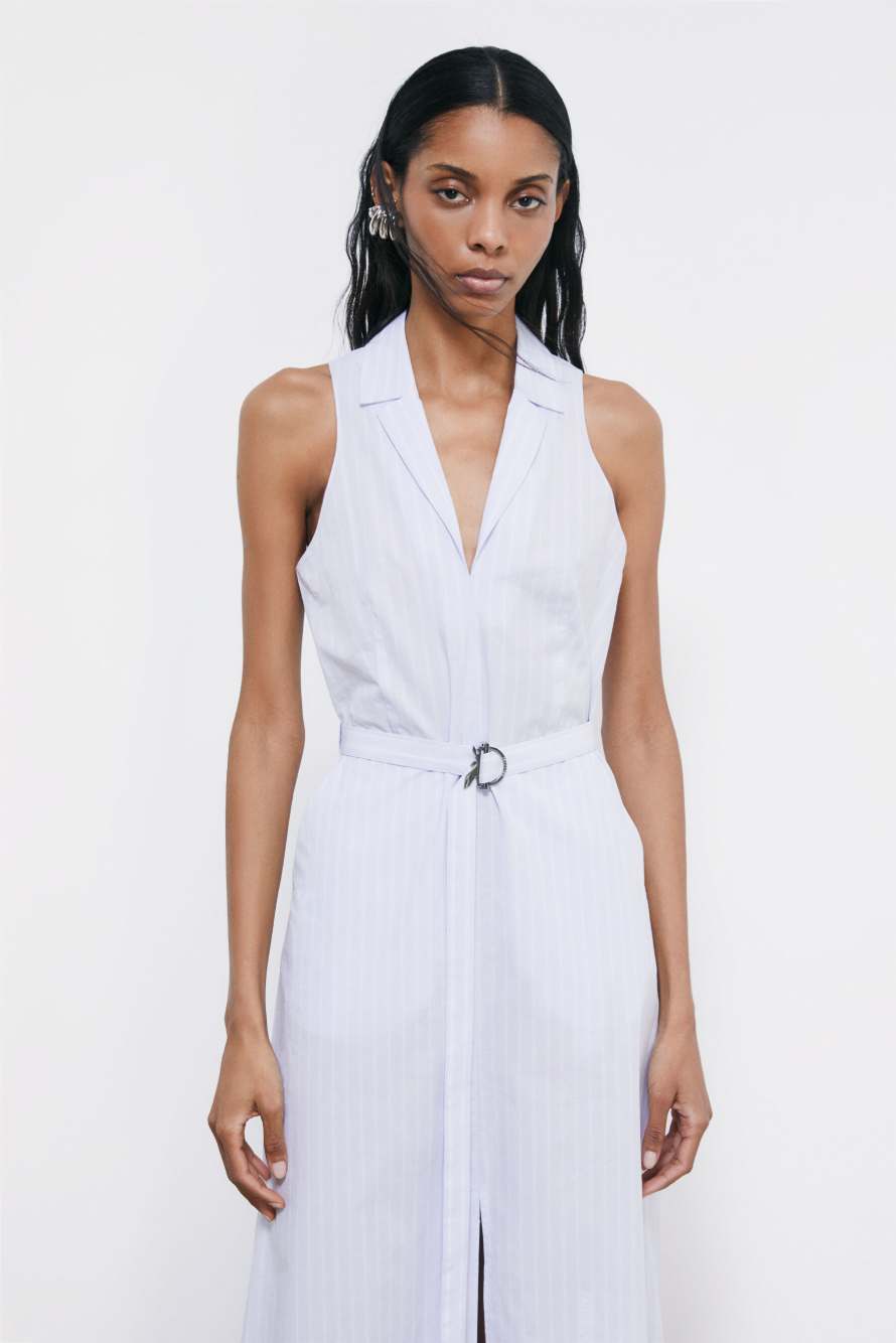 Vestido midi de popelina con cintur&oacute;n, Rayas