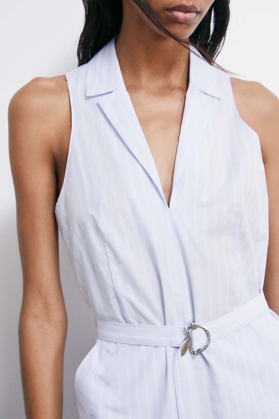 Vestido midi de popelina con cintur&oacute;n, Rayas