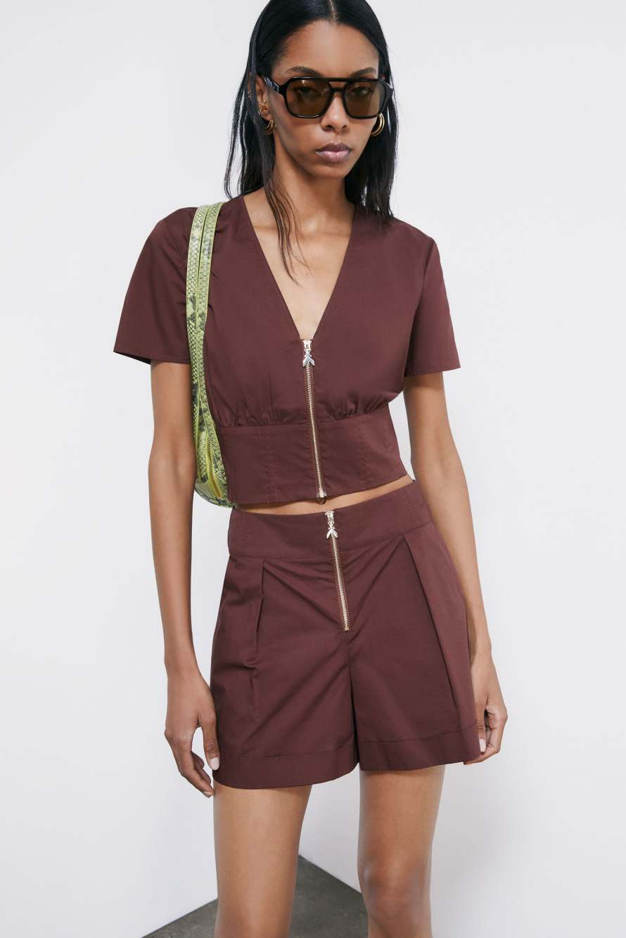 Cropped Top mit Zip, Braun, Patrizia Pepe