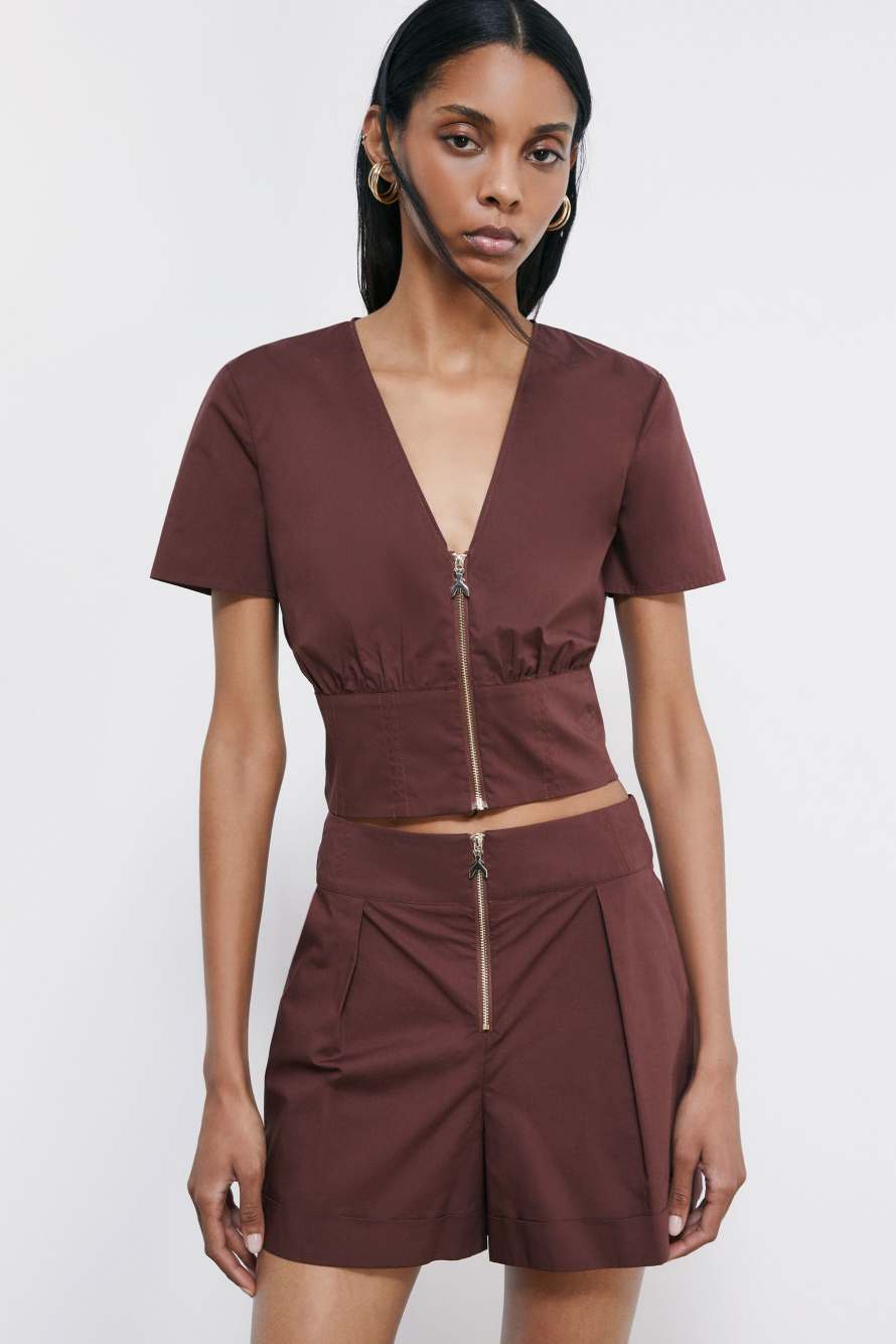 Cropped Top mit Zip, Braun, Patrizia Pepe