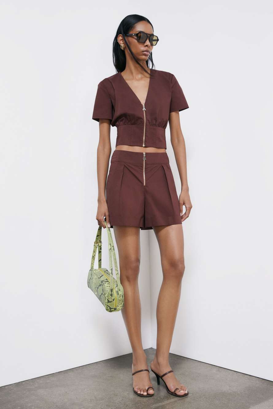 Cropped Top mit Zip, Braun, Patrizia Pepe