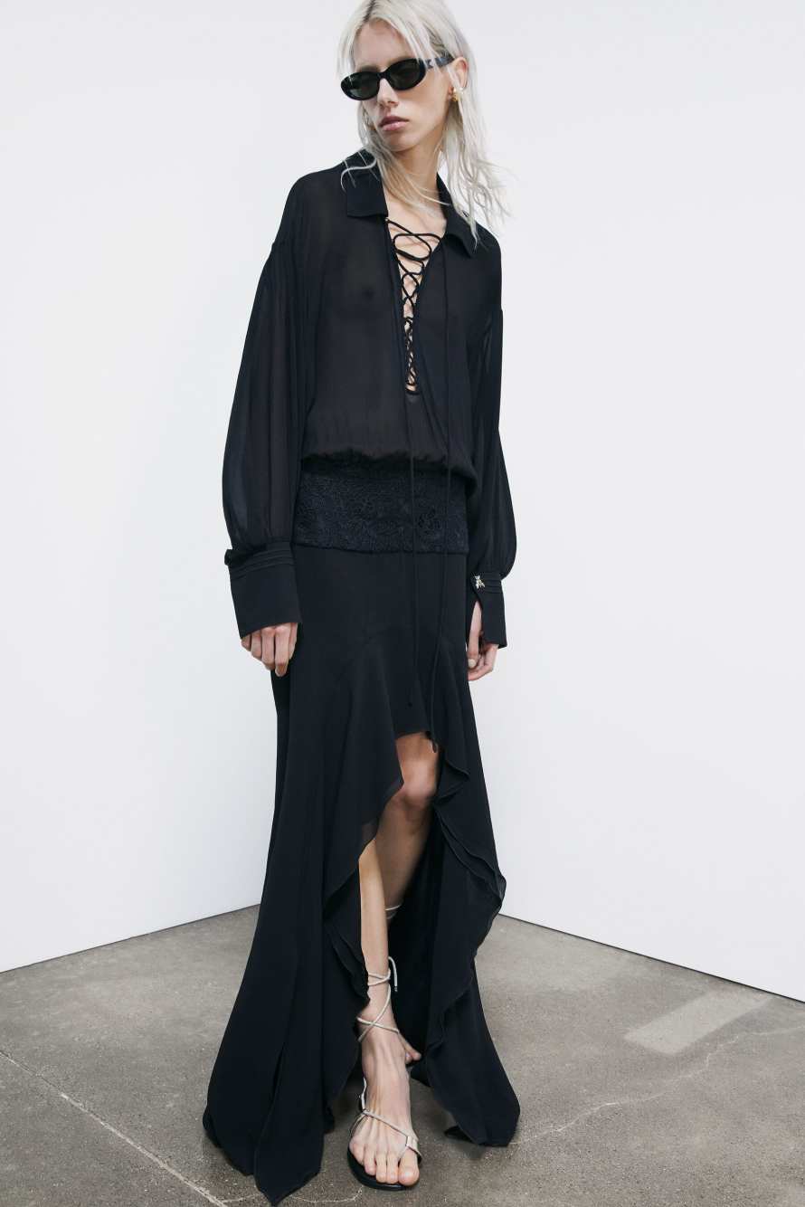 Long georgette dress with lace detail, Black, Patrizia Pepe