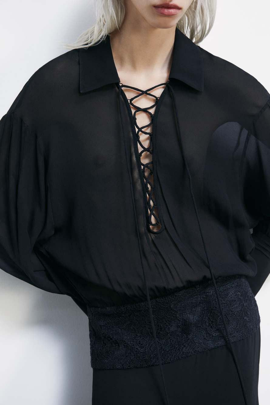 Long georgette dress with lace detail, Black, Patrizia Pepe