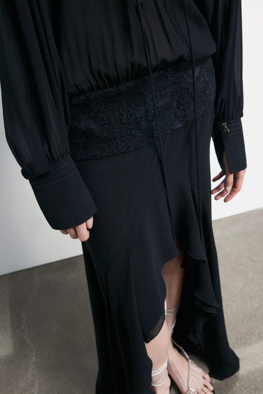 Long georgette dress with lace detail, Black, Patrizia Pepe