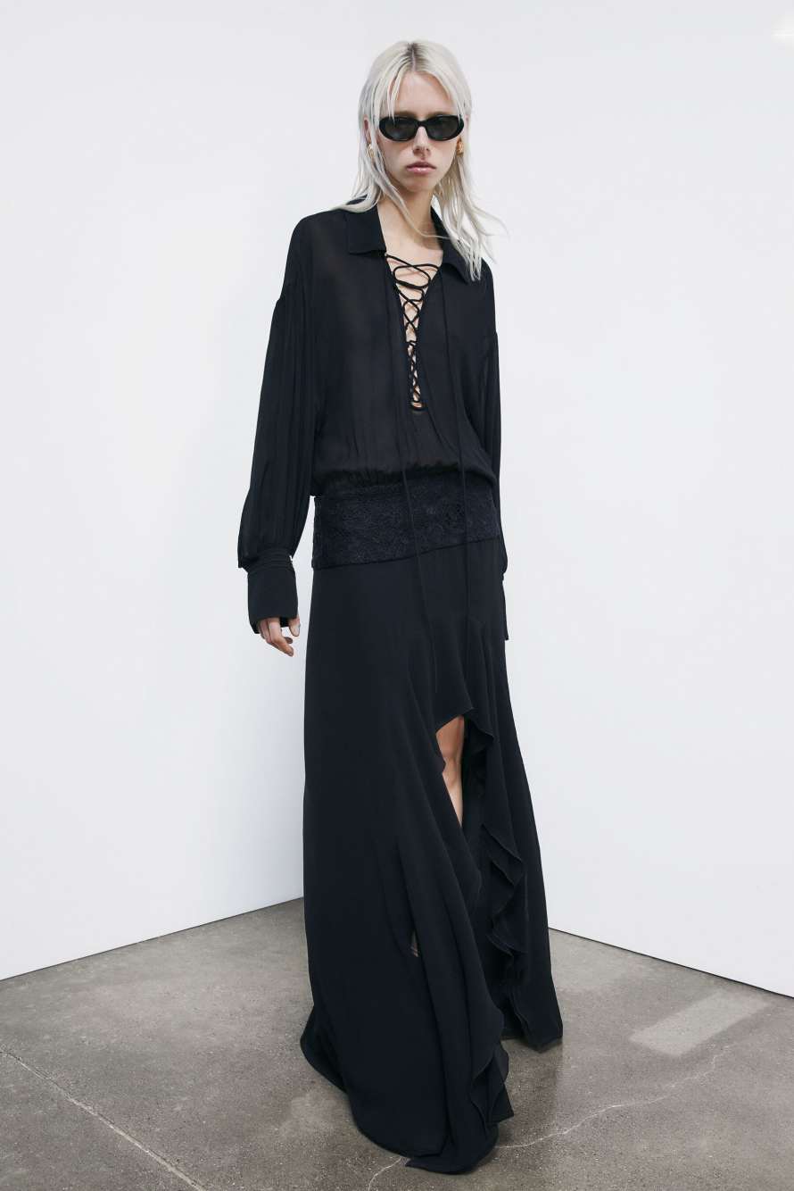 Long georgette dress with lace detail, Black, Patrizia Pepe