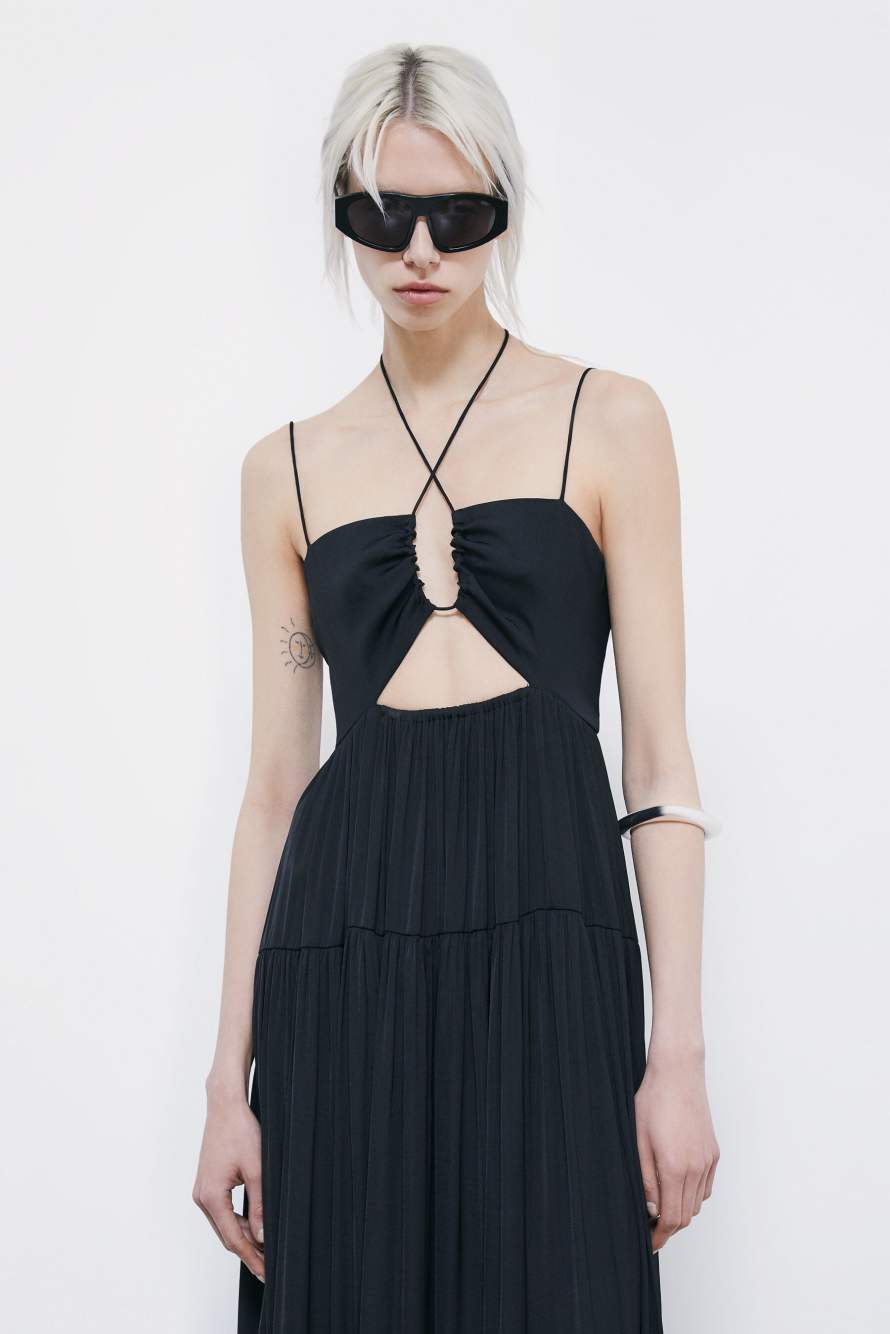Long satin dress with cut-out, Black, Patrizia Pepe