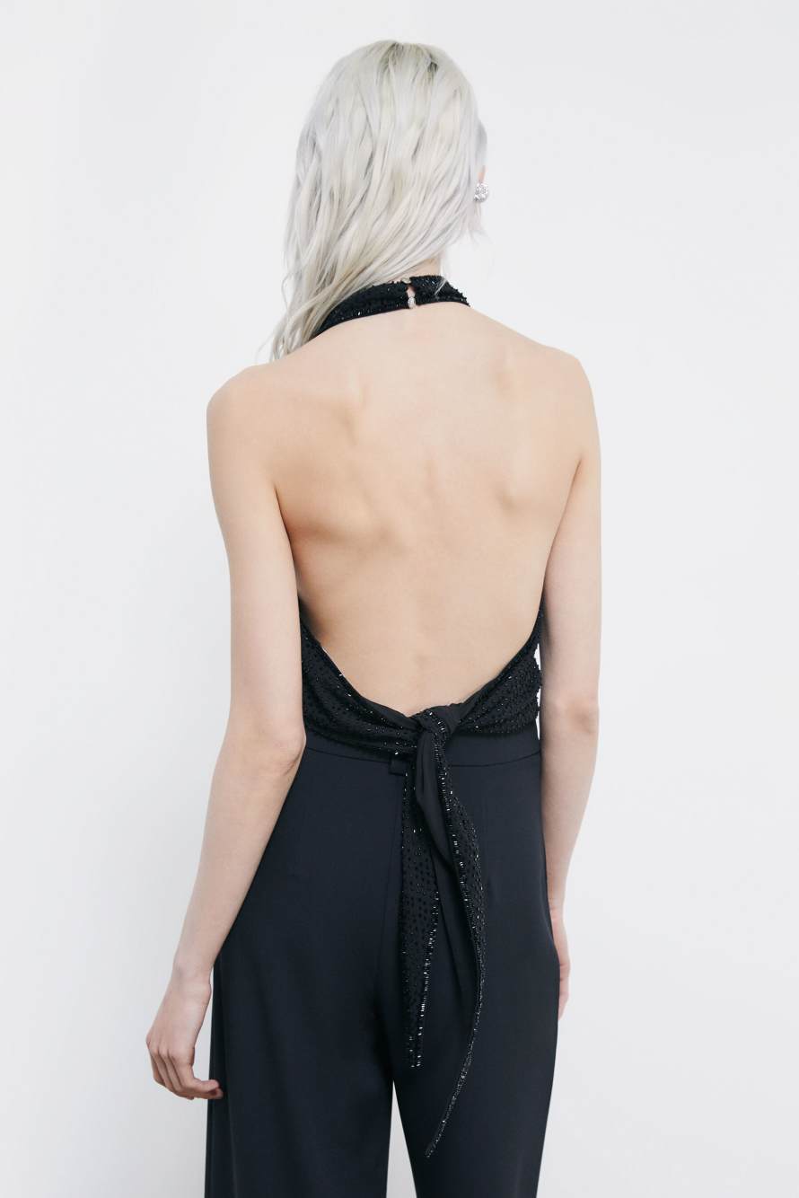 Georgette top with bead embroidery, Black, Patrizia Pepe