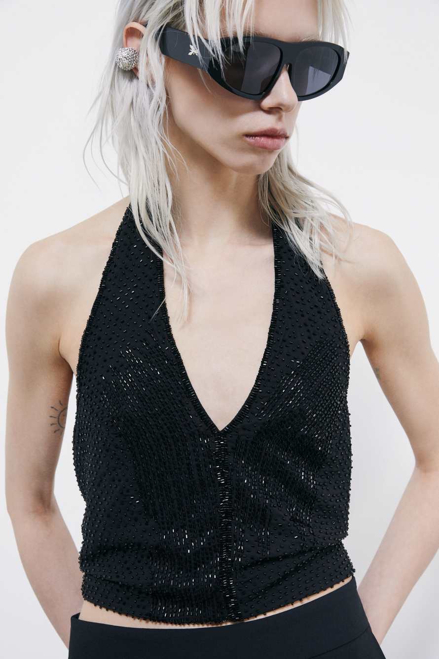 Georgette top with bead embroidery, Black, Patrizia Pepe