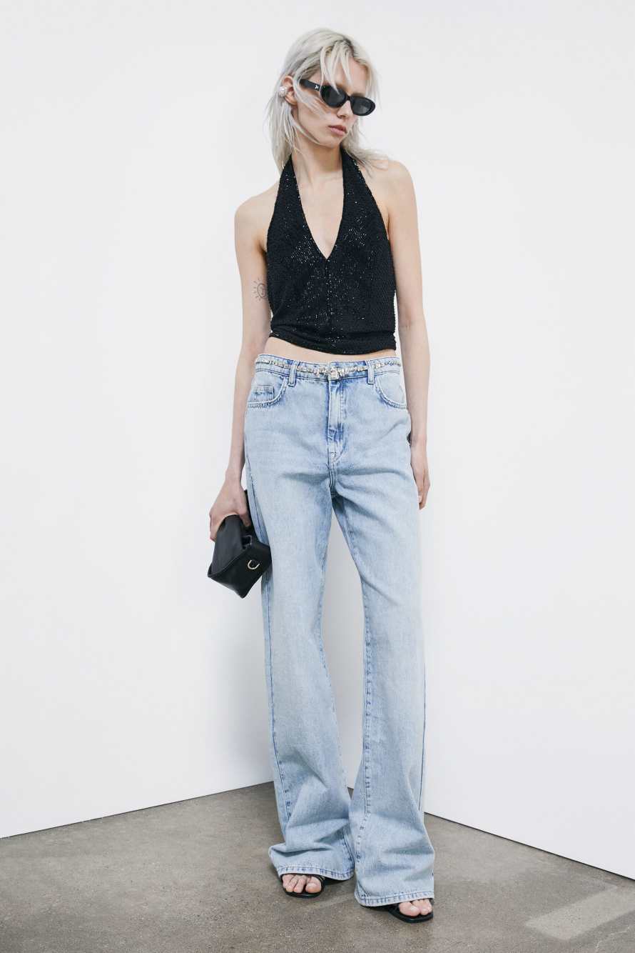 Georgette top with bead embroidery, Black, Patrizia Pepe