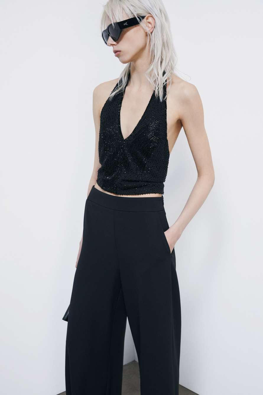 Georgette top with bead embroidery, Black, Patrizia Pepe