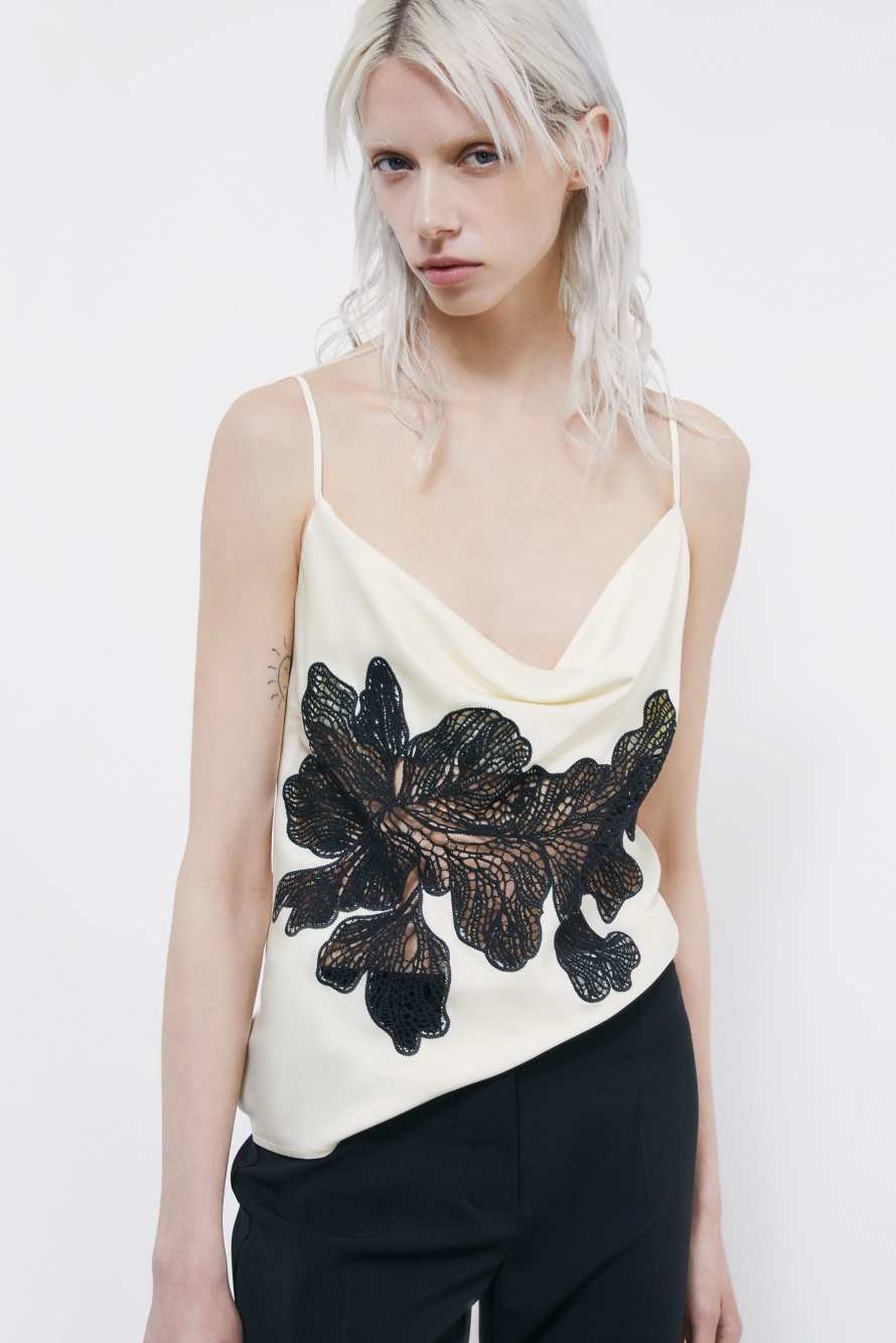 Satin top with floral lace insert, White, Patrizia Pepe