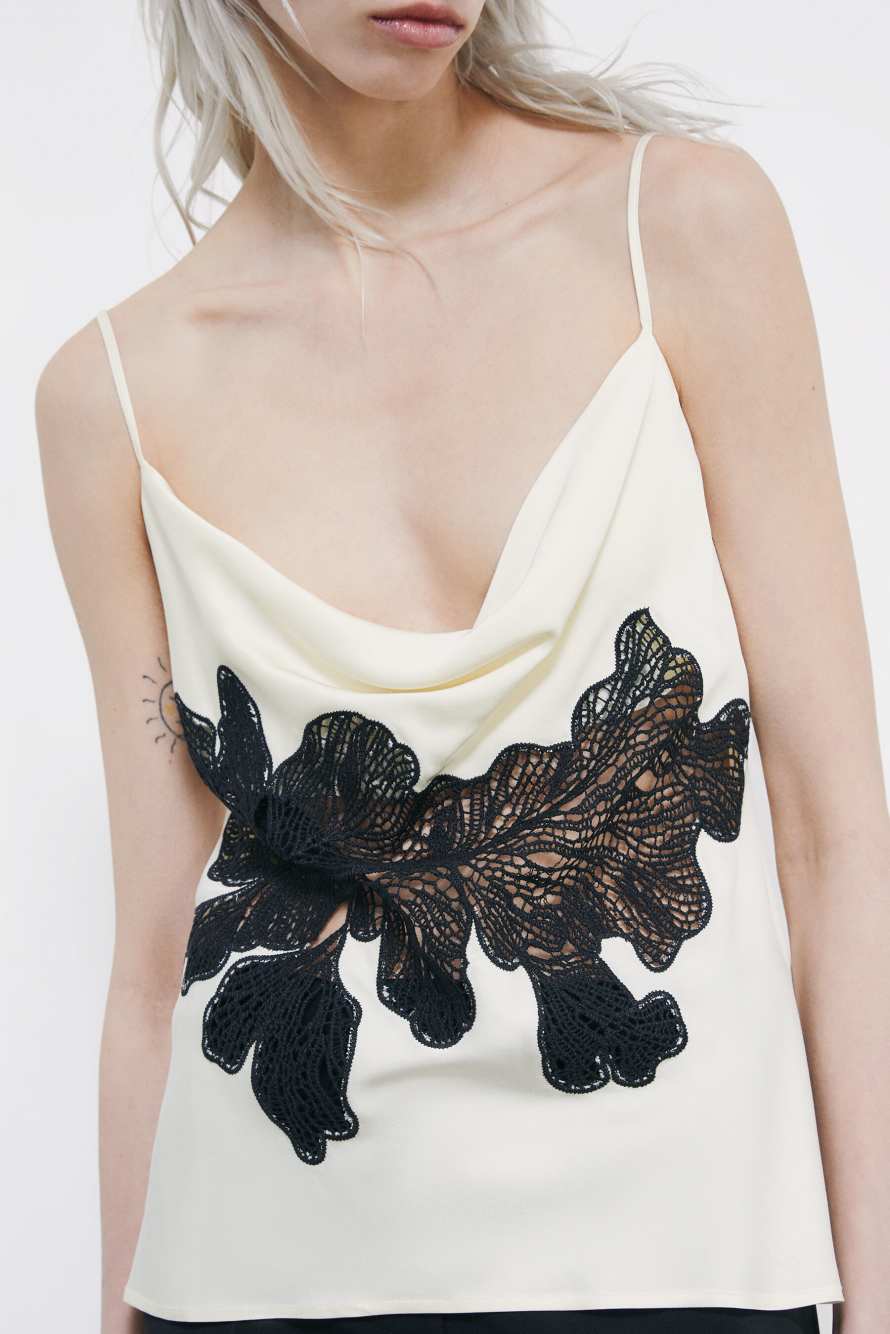 Satin top with floral lace insert, White, Patrizia Pepe