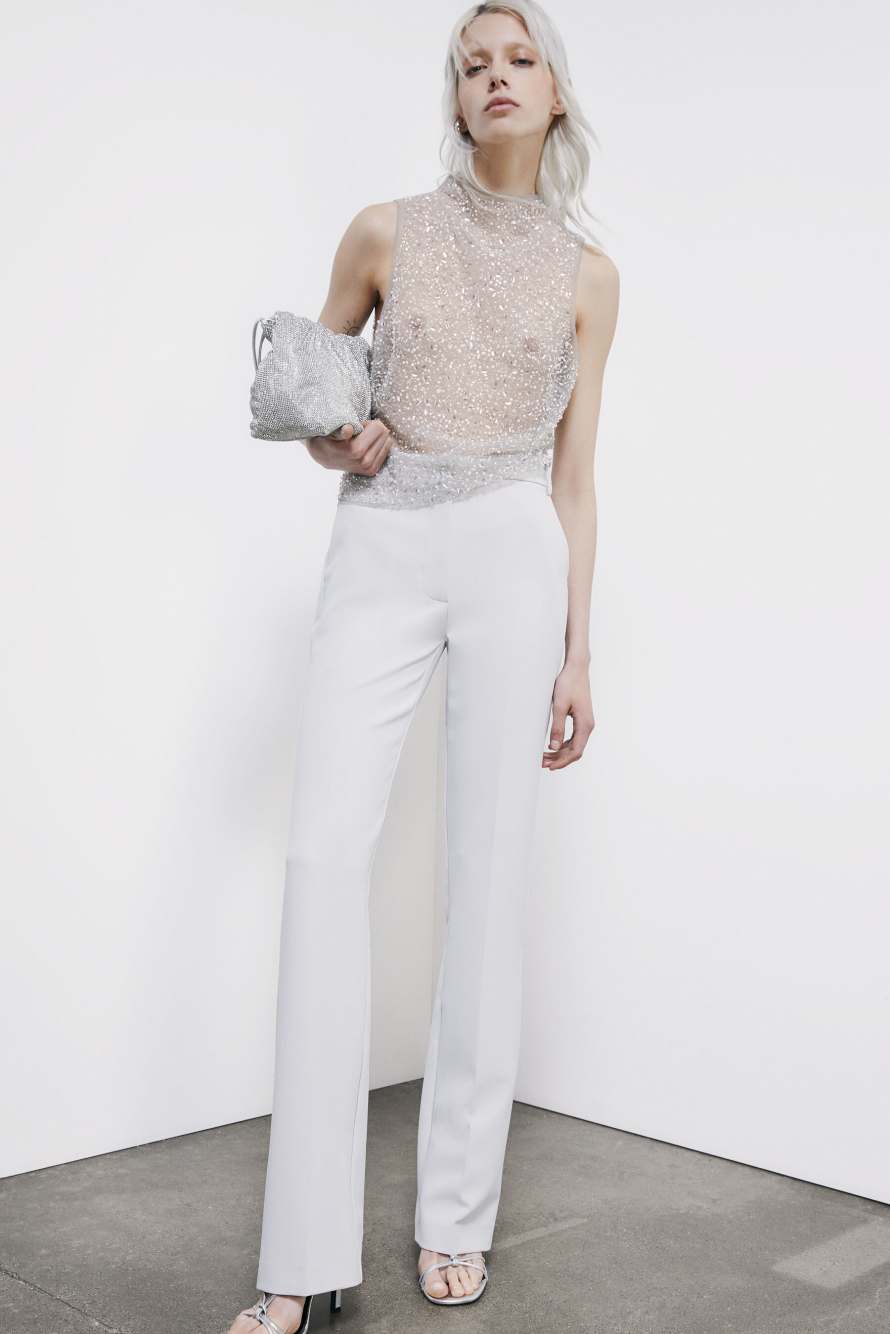 Top de tul bordado con perlas, Blanco