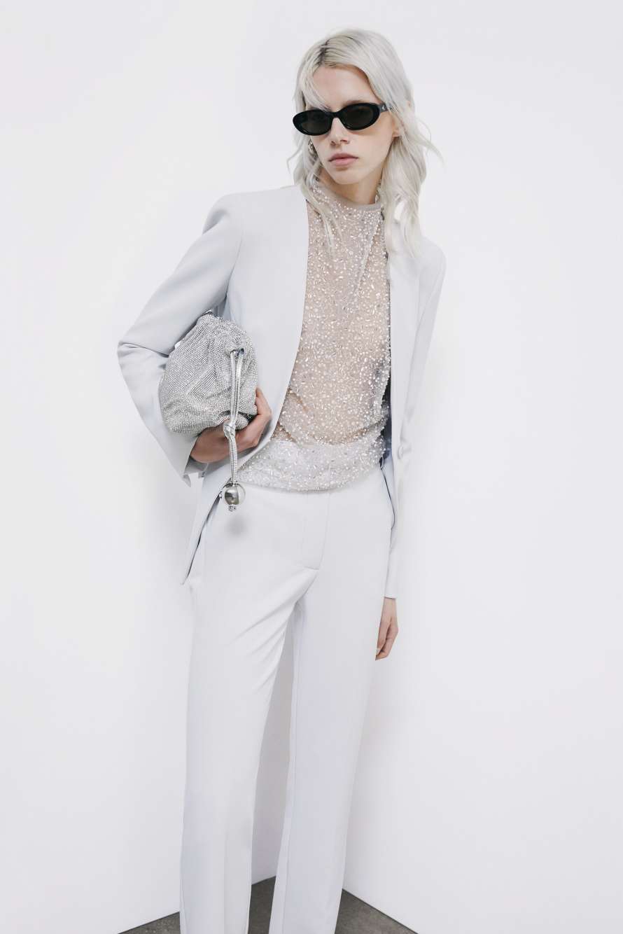 Top de tul bordado con perlas, Blanco