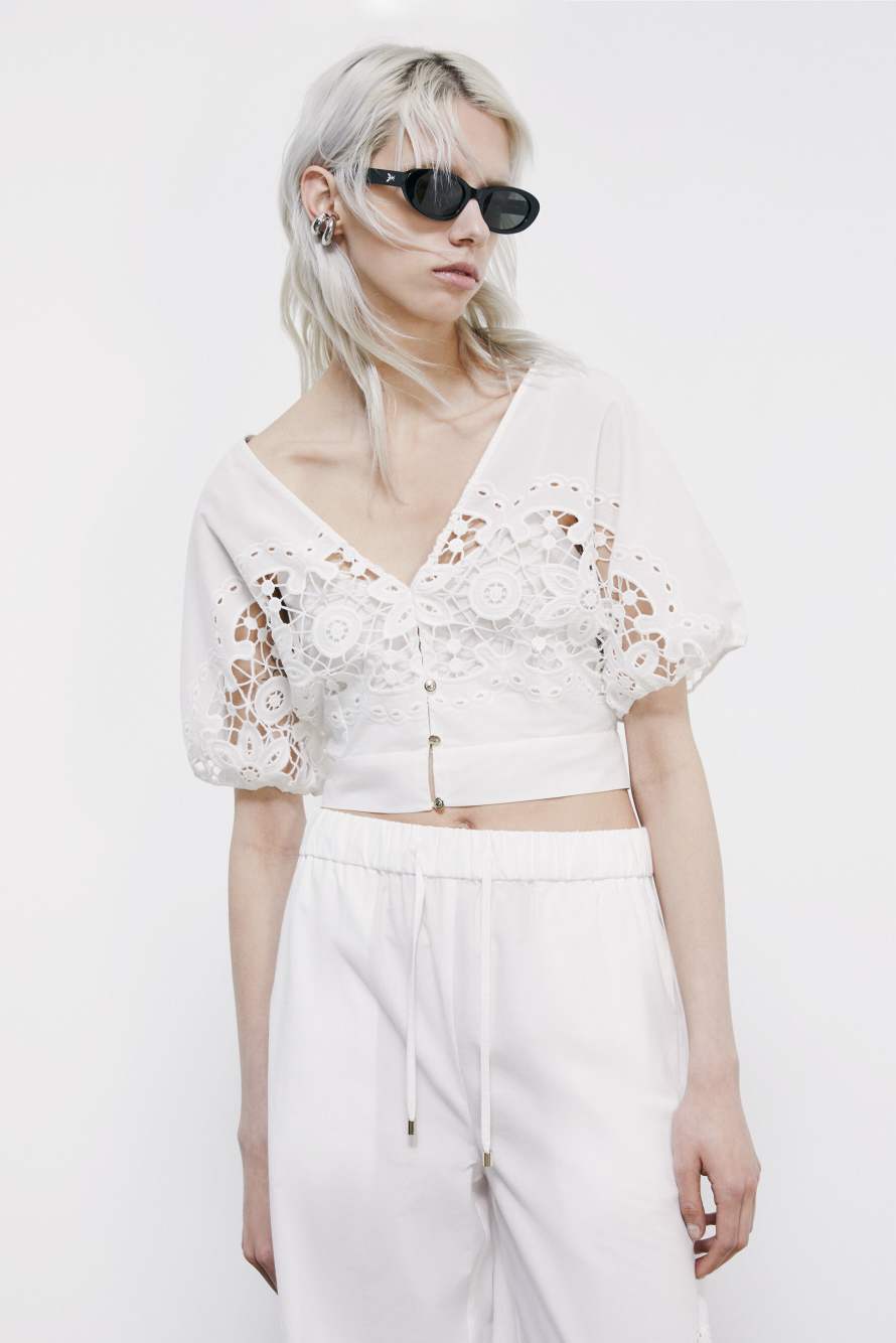 Cotton top with floral embroidery, White, Patrizia Pepe