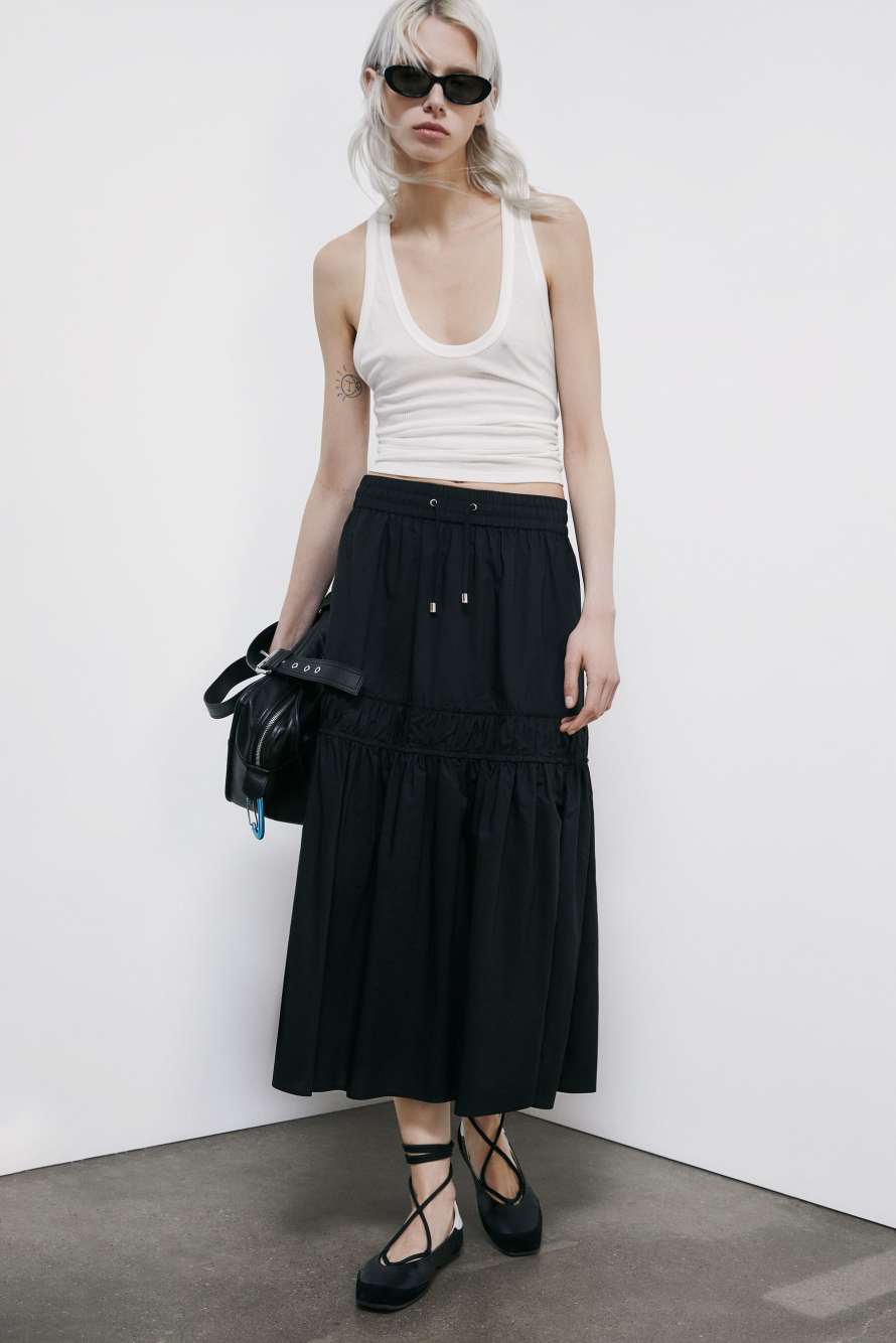 Draped poplin midi skirt, Black, Patrizia Pepe