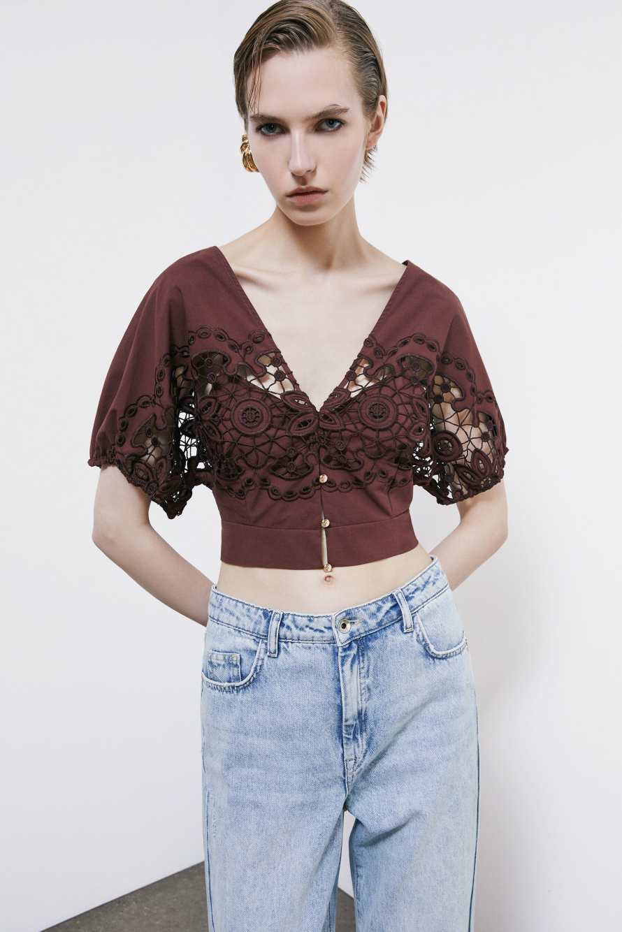 Cotton top with floral embroidery, Brown, Patrizia Pepe