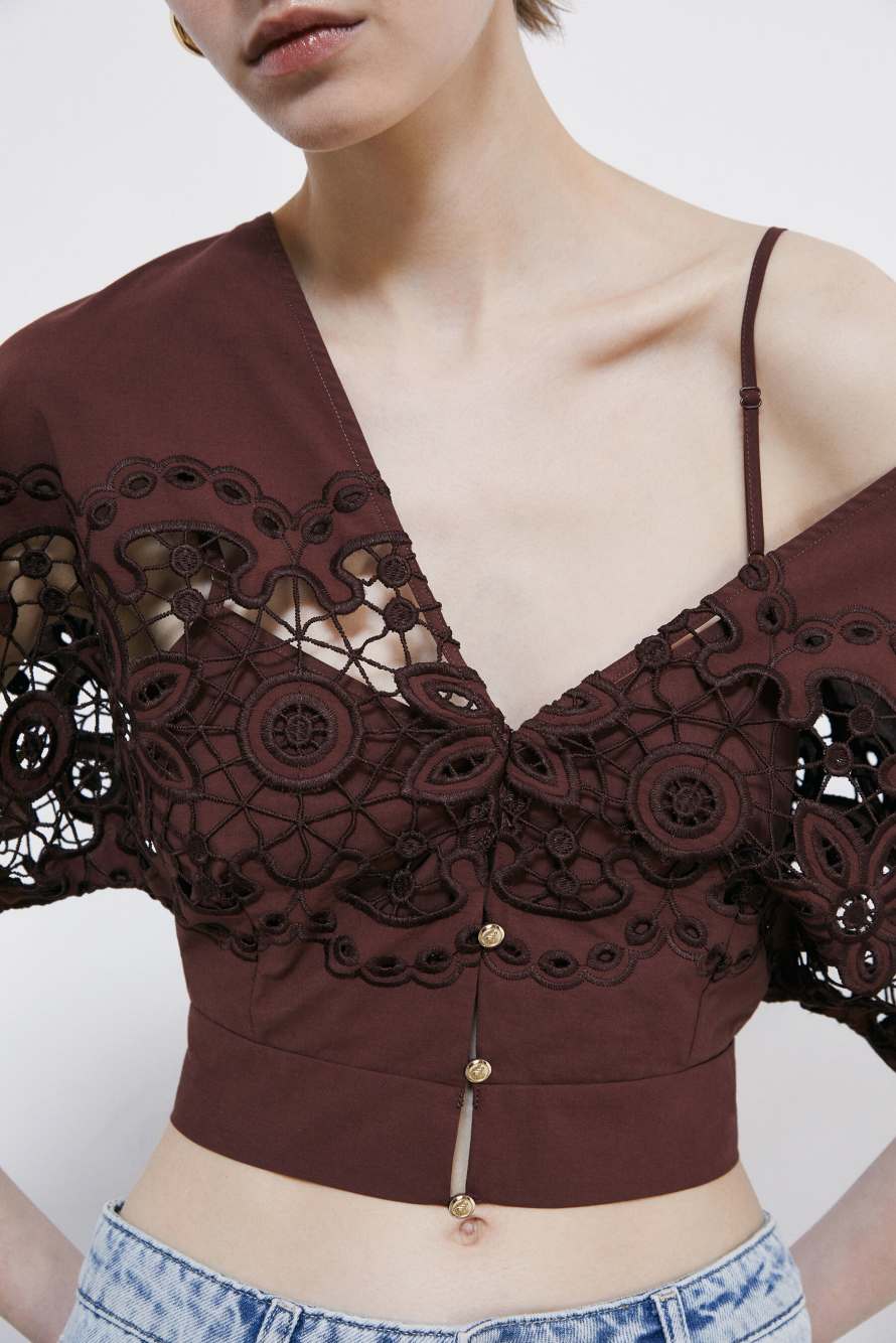 Cotton top with floral embroidery, Brown, Patrizia Pepe