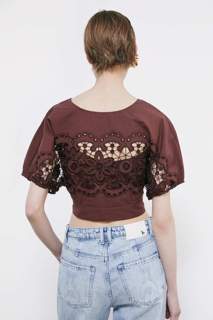 Cotton top with floral embroidery, Brown, Patrizia Pepe