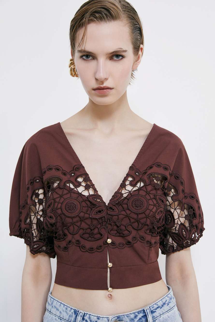 Cotton top with floral embroidery, Brown, Patrizia Pepe