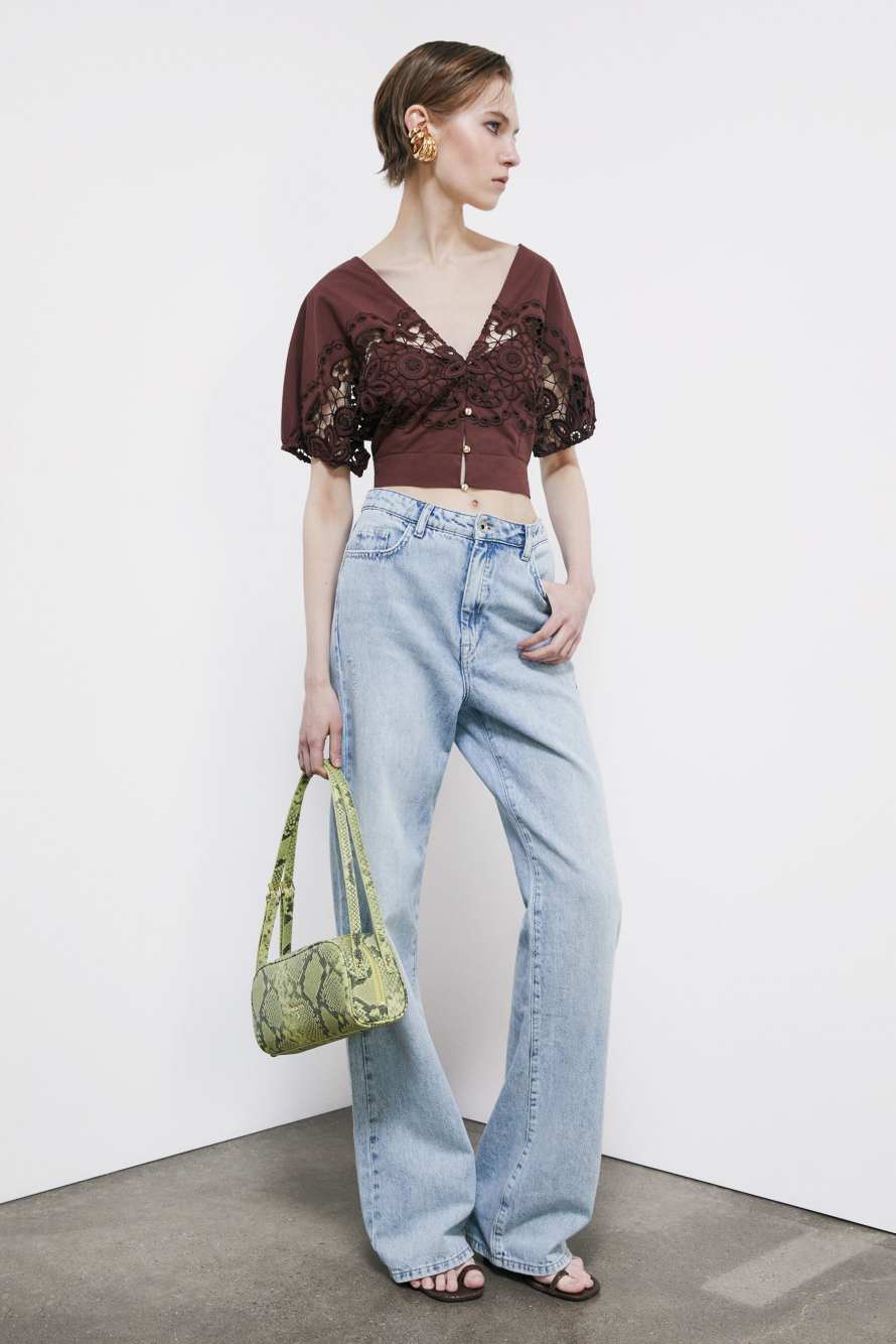 Cotton top with floral embroidery, Brown, Patrizia Pepe