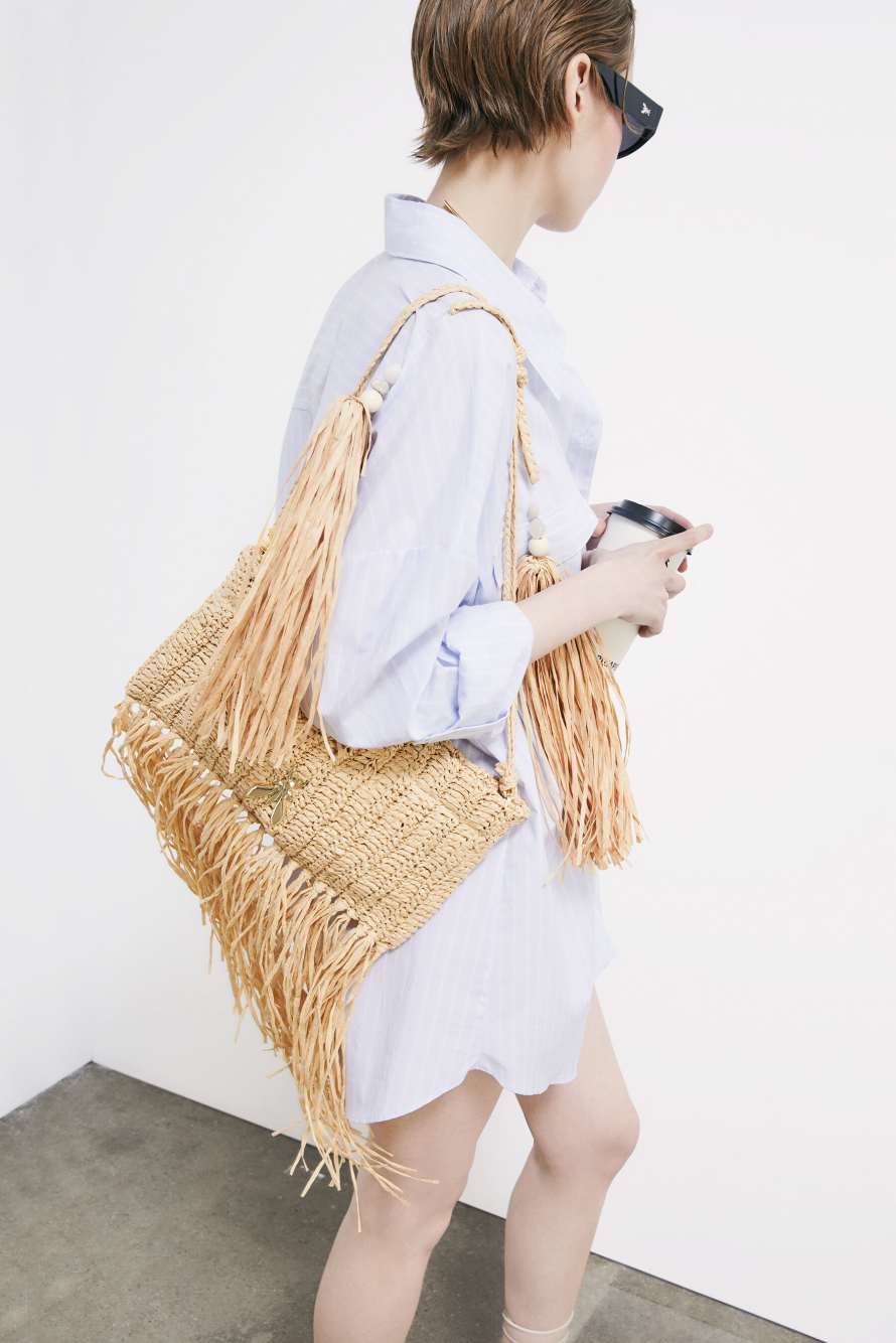 Boho raffia bag with fringes, Beige, Patrizia Pepe