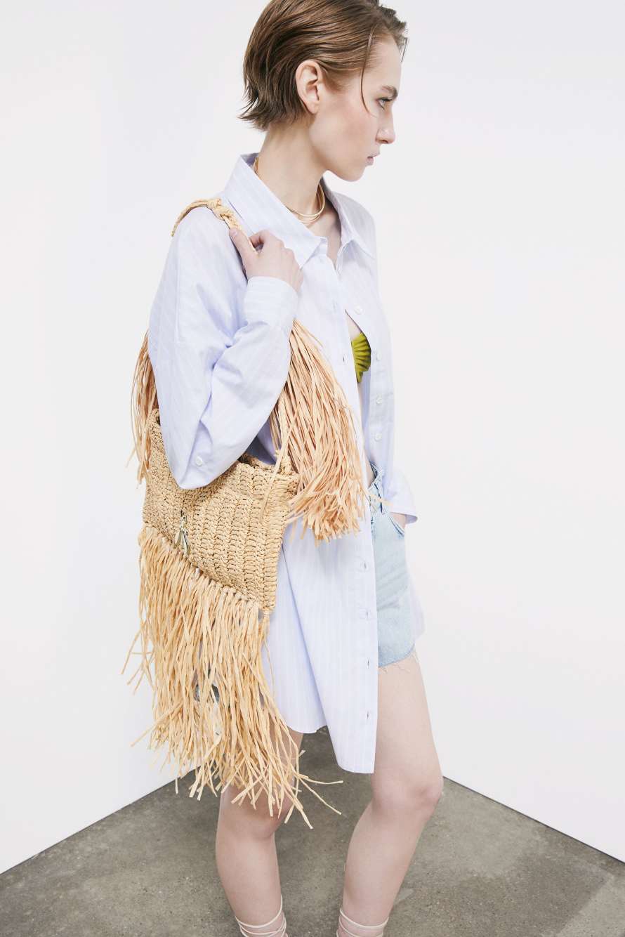 Boho raffia bag with fringes, Beige, Patrizia Pepe