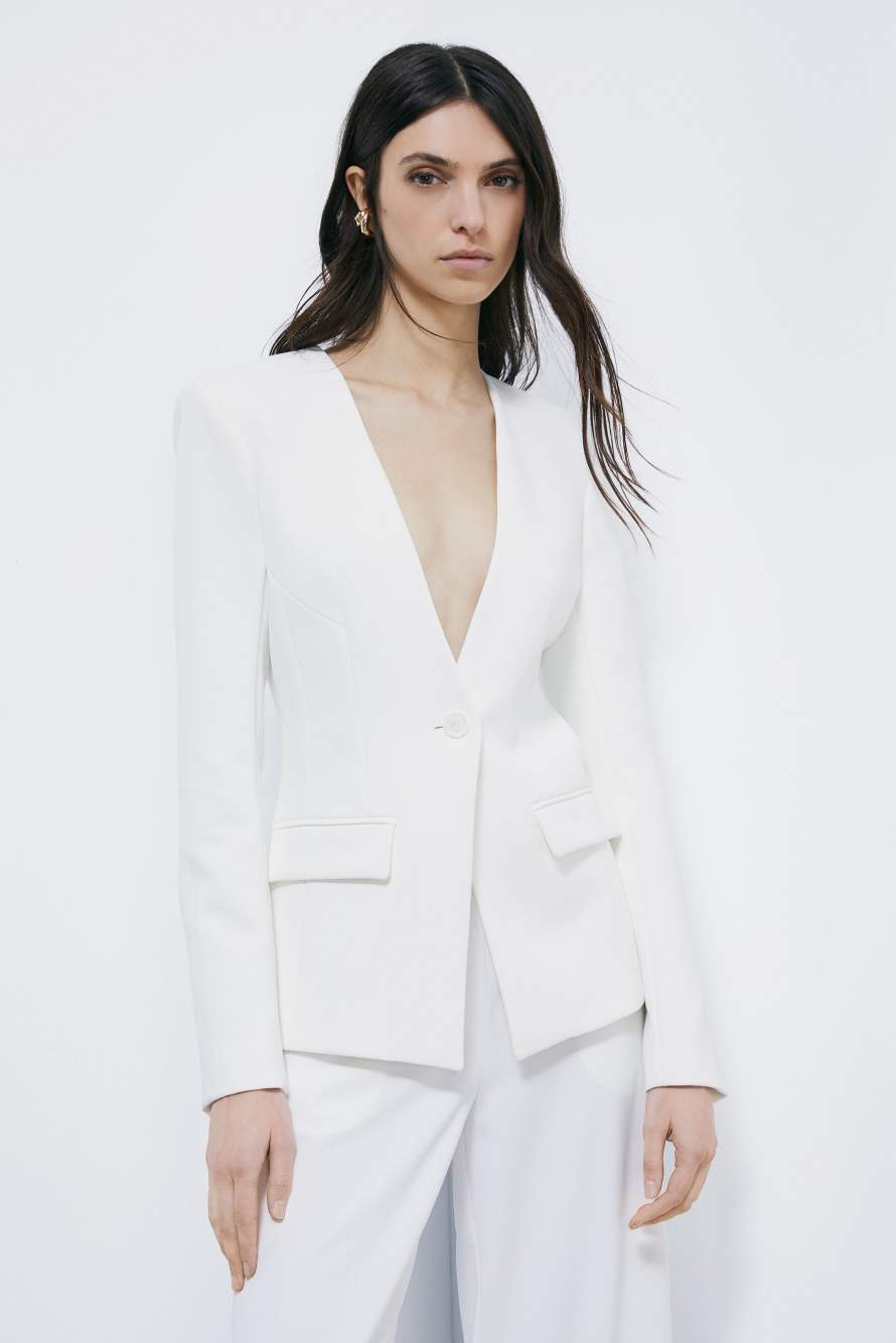 Tailored V-neck blazer, White, Patrizia Pepe