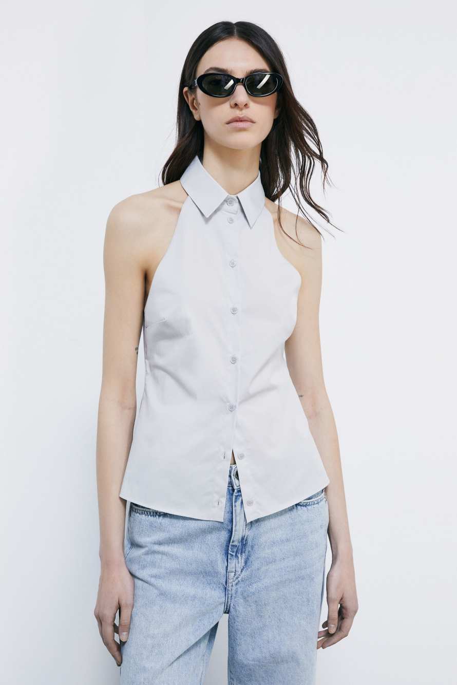 Neckholder-Top aus Stretch-Popeline, Grau, Patrizia Pepe