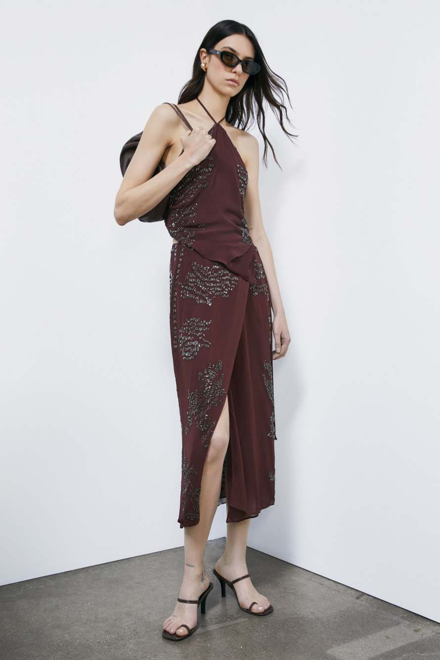 Hand-embroidered wrap skirt, Brown, Patrizia Pepe