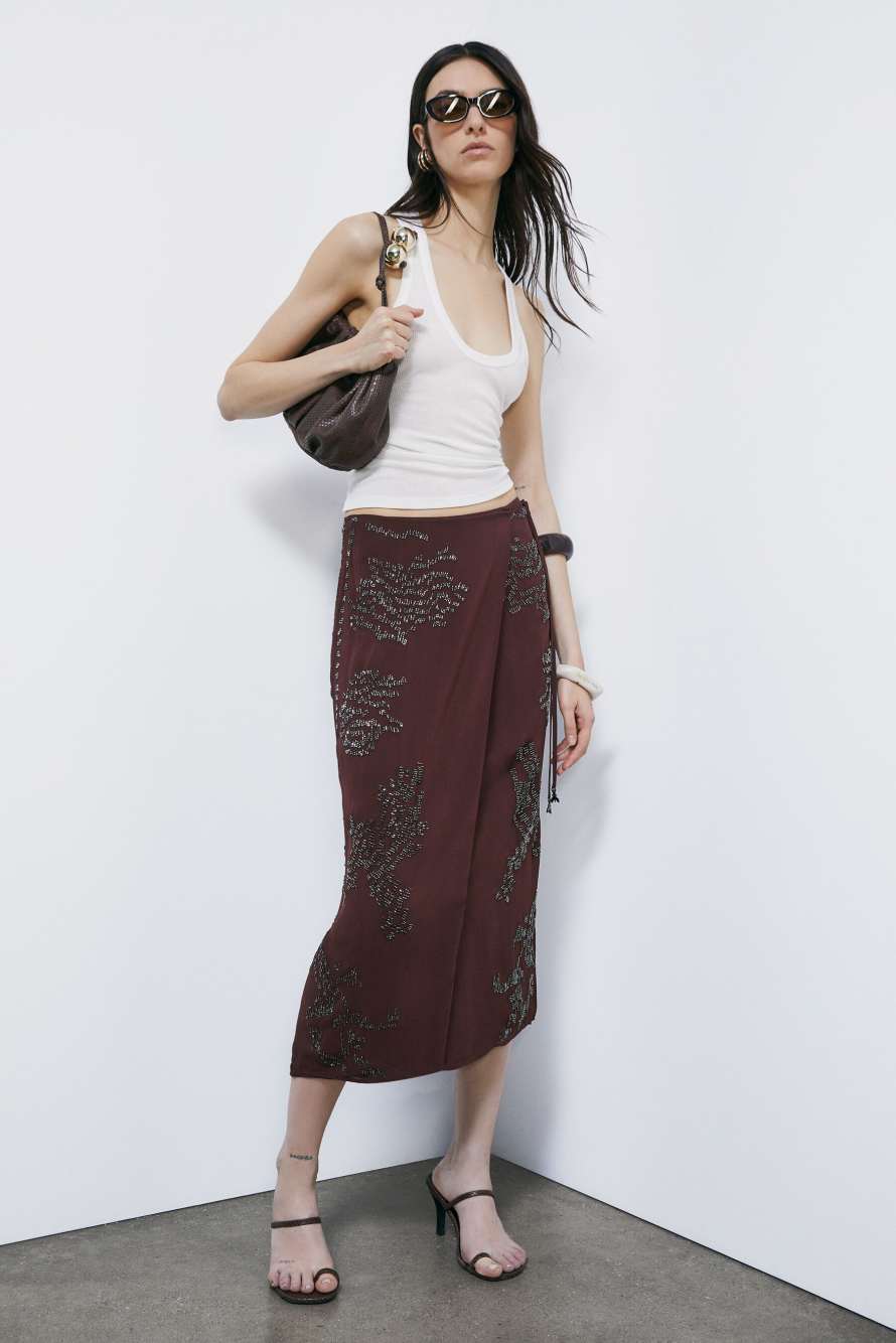 Hand-embroidered wrap skirt, Brown, Patrizia Pepe