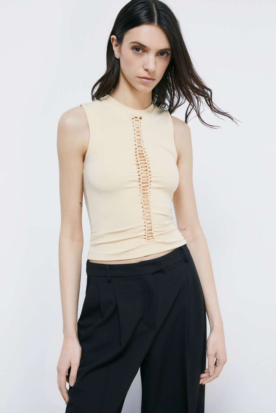 Jersey-Top mit Twist-Detail, Beige, Patrizia Pepe