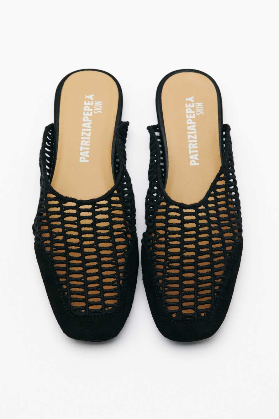 Slippers en raphia, Noir, Patrizia Pepe