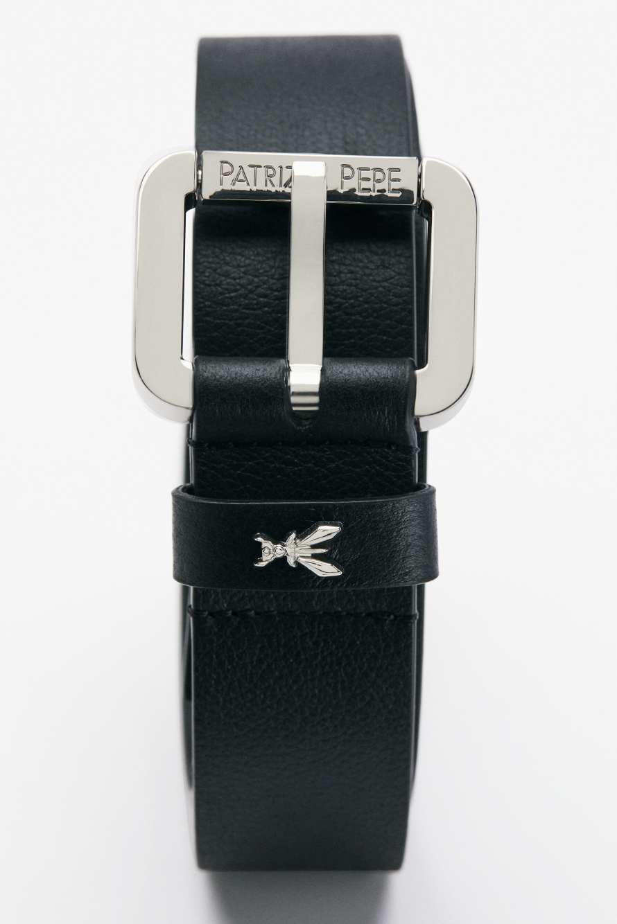Long Leather Belt, Black/Silver, Patrizia Pepe