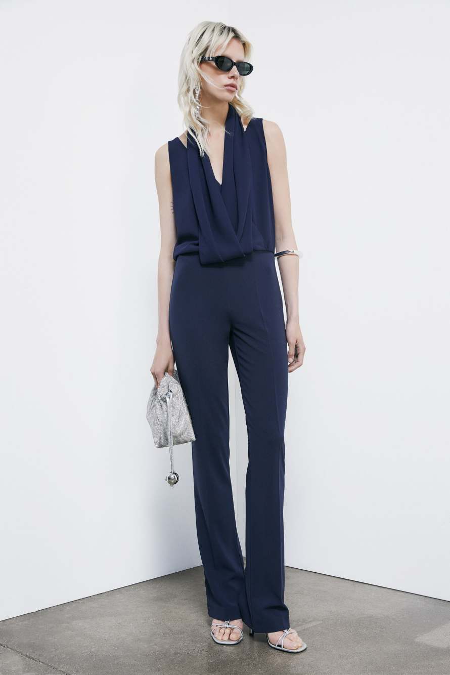 Draped stretch cr&ecirc;pe jumpsuit, Blue, Patrizia Pepe