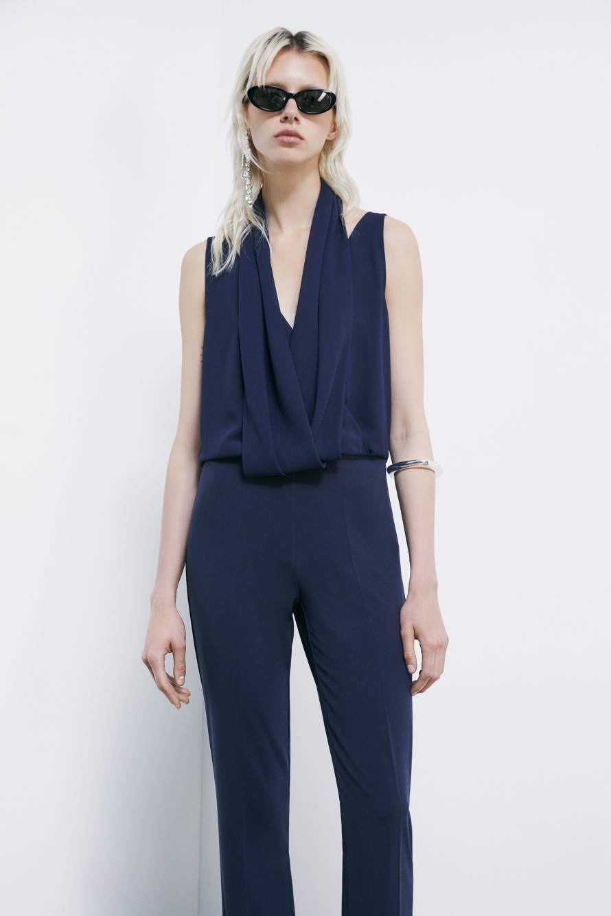 Draped stretch cr&ecirc;pe jumpsuit, Blue, Patrizia Pepe