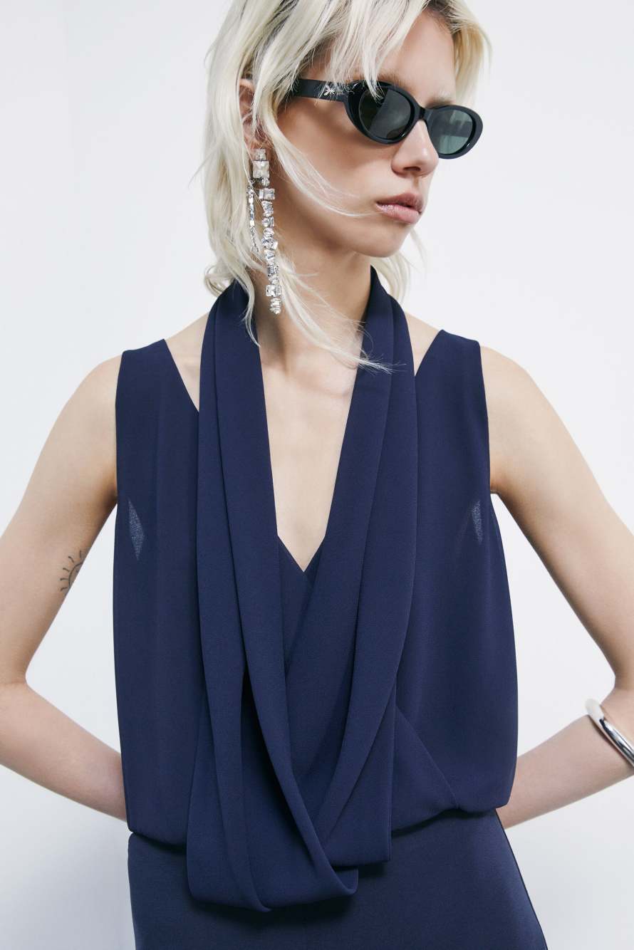 Draped stretch cr&ecirc;pe jumpsuit, Blue, Patrizia Pepe