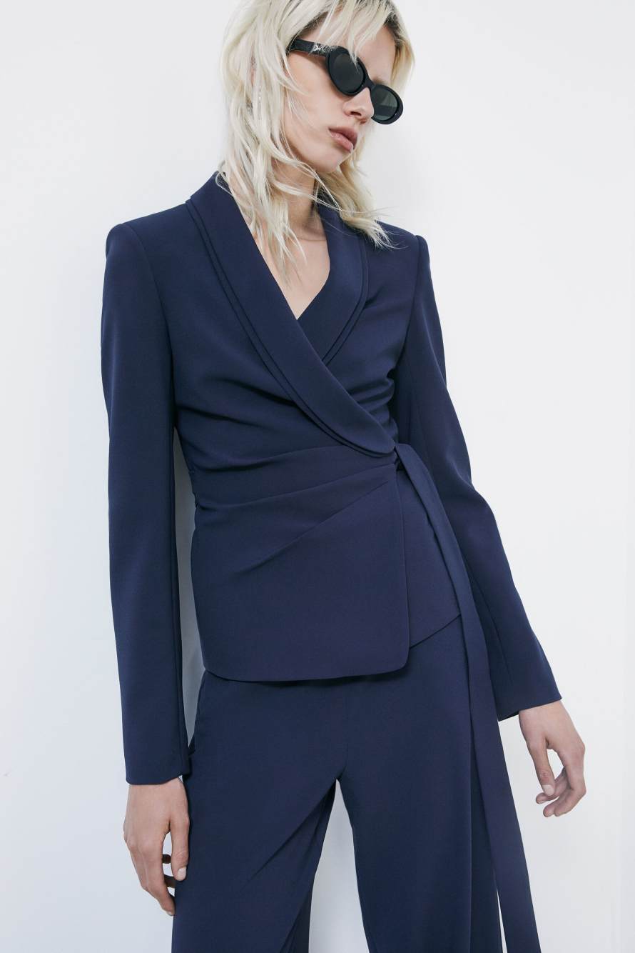 Stretch cr&ecirc;pe blazer with tie belt, Blue, Patrizia Pepe