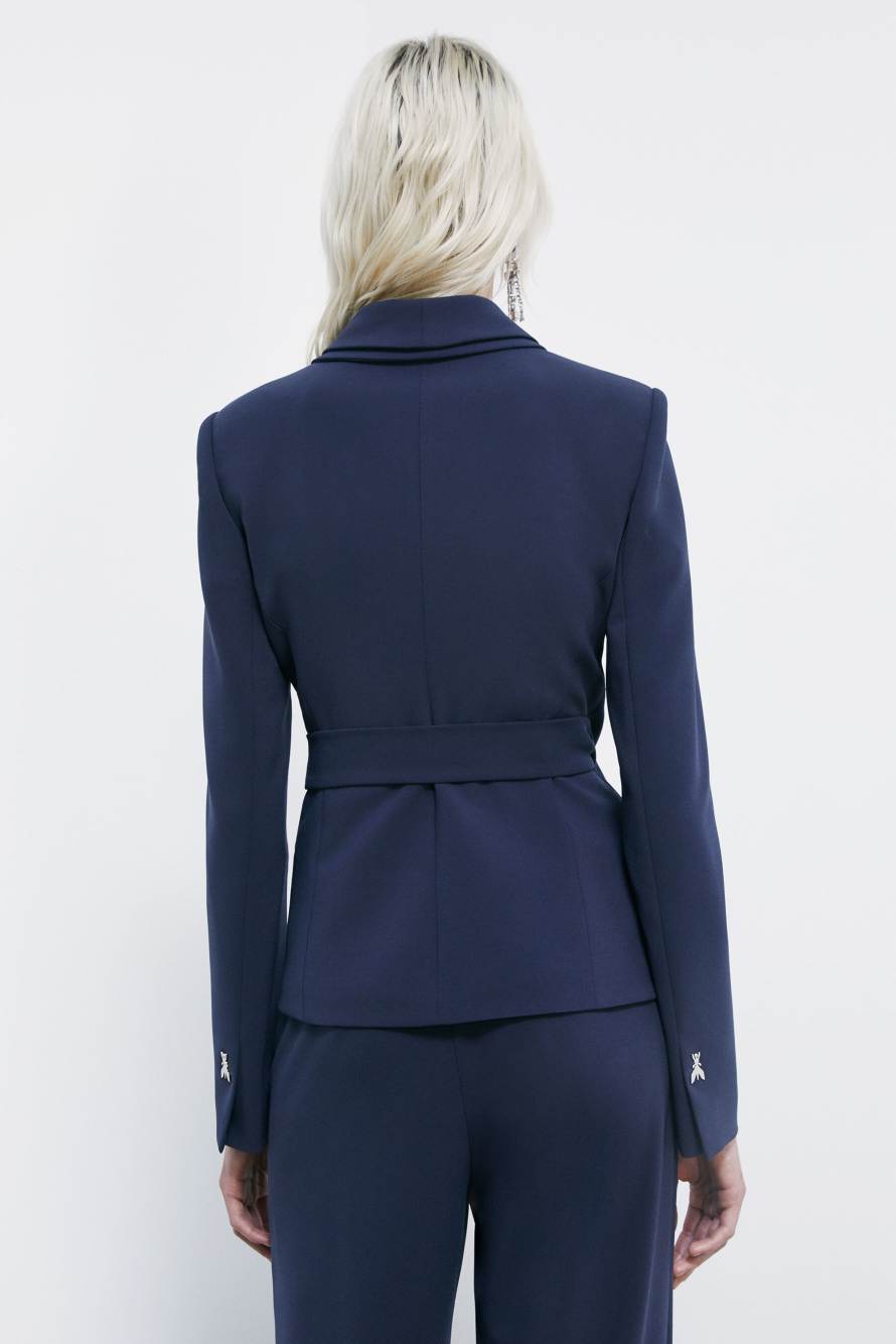 Stretch cr&ecirc;pe blazer with tie belt, Blue, Patrizia Pepe