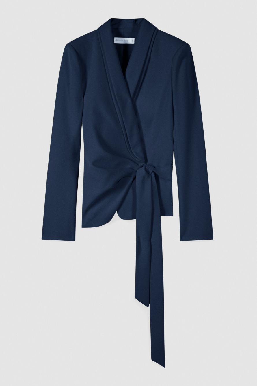 Stretch cr&ecirc;pe blazer with tie belt, Blue, Patrizia Pepe