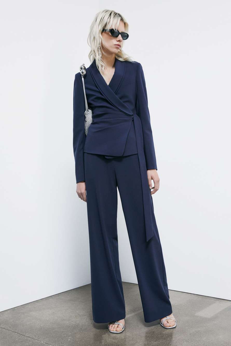 Stretch cr&ecirc;pe blazer with tie belt, Blue, Patrizia Pepe
