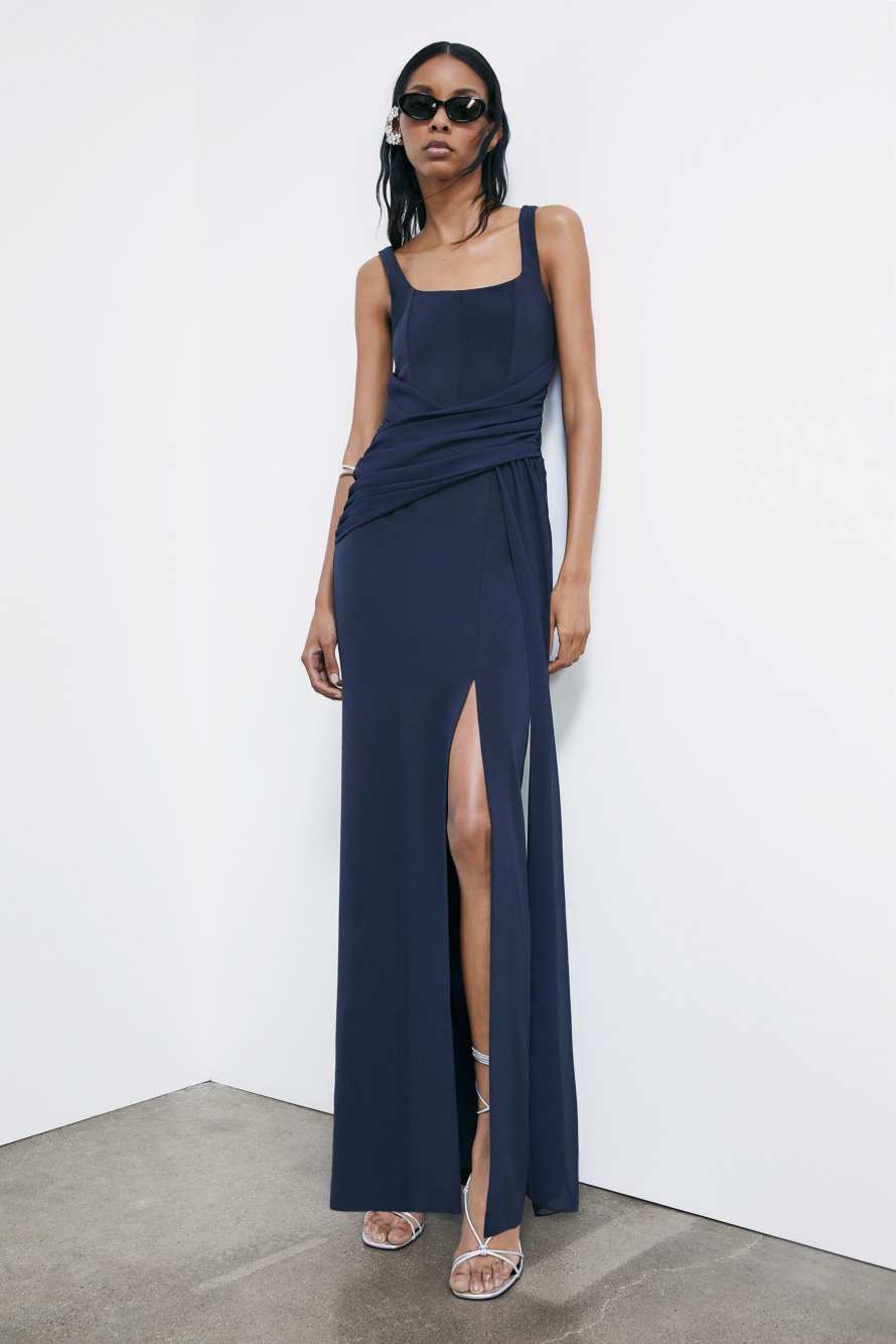 Long draped stretch cr&ecirc;pe dress, Blue, Patrizia Pepe