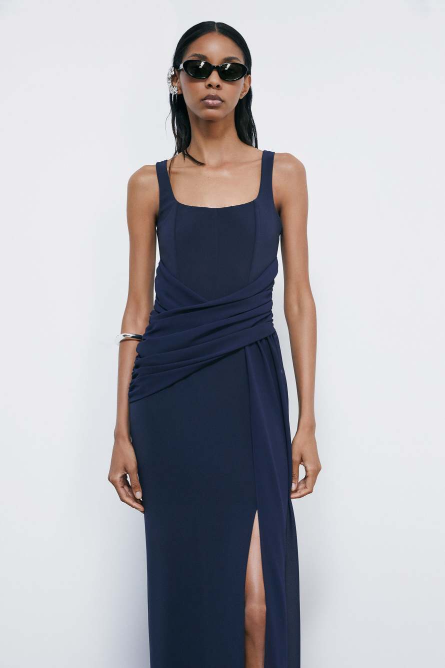 Long draped stretch cr&ecirc;pe dress, Blue, Patrizia Pepe