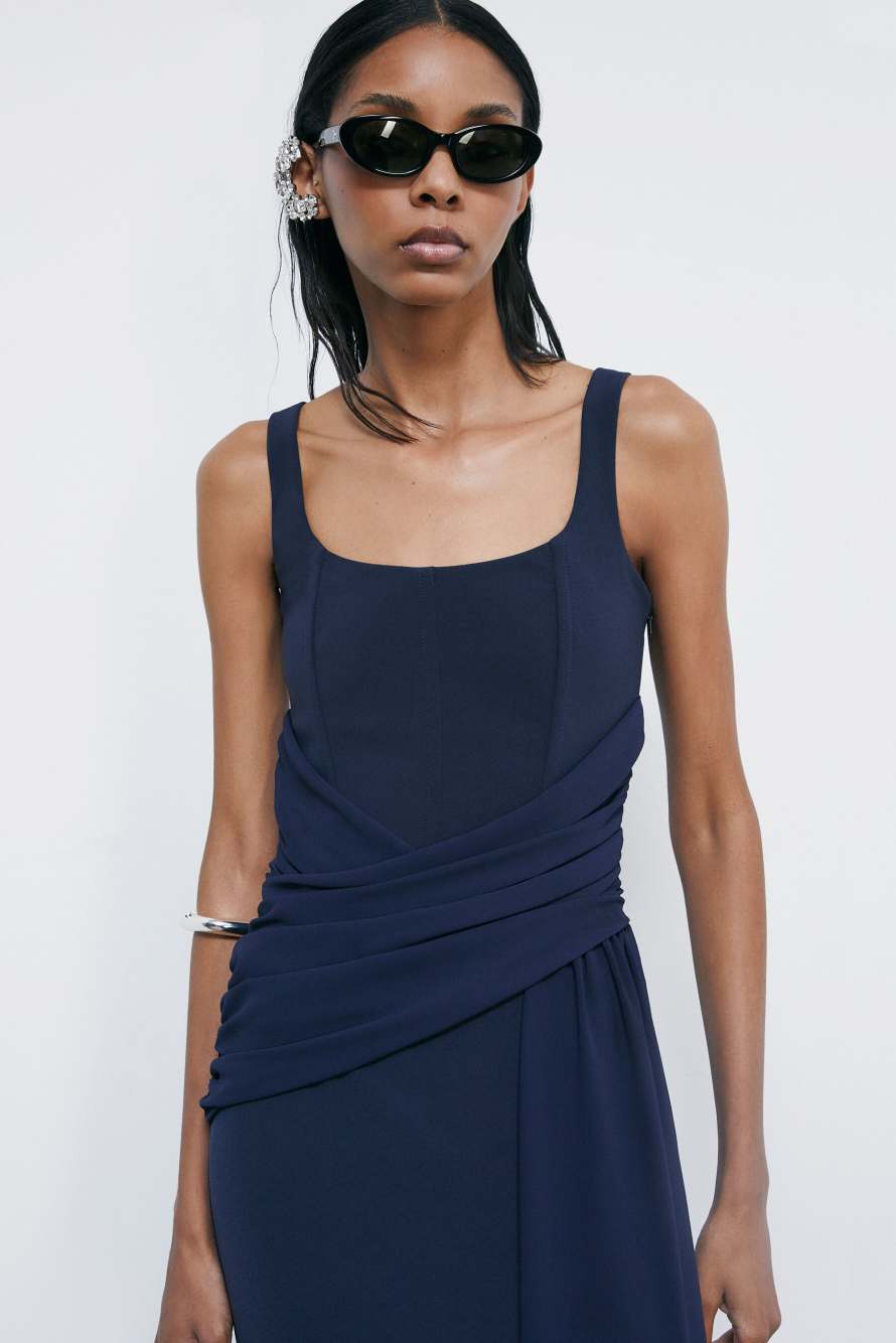 Long draped stretch cr&ecirc;pe dress, Blue, Patrizia Pepe