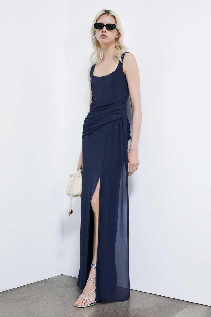 Long draped stretch cr&ecirc;pe dress, Blue, Patrizia Pepe