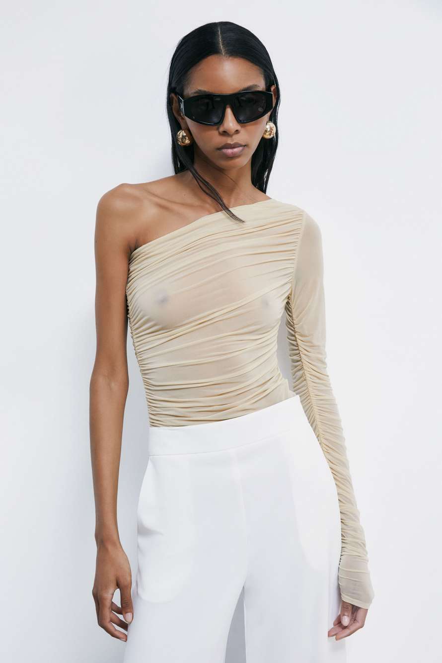 Top monospalla con drappeggi, Beige, Patrizia Pepe