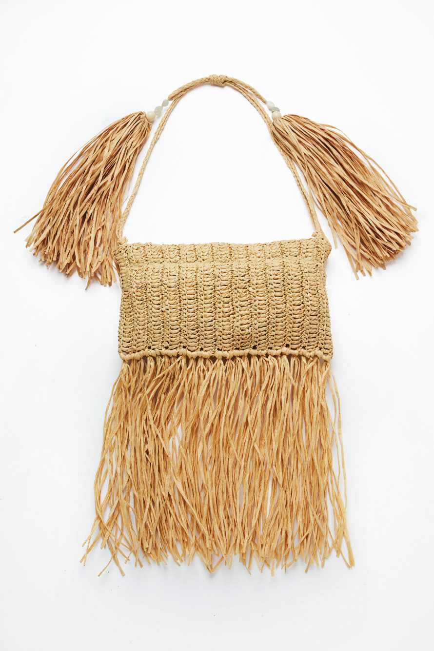 Boho raffia bag with fringes, Beige, Patrizia Pepe