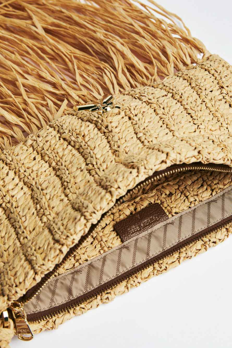 Boho raffia bag with fringes, Beige, Patrizia Pepe